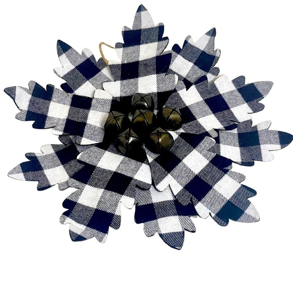 Ganz Large Black and White Buffalo Plaid Poinsettia Ornament with Bell Center - Picture 1 of 3